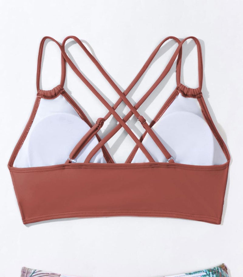 Tainehs Women's Push Up V Neck Bikini Tops Criss Cross Back Padded Bathing Suit Top Only Brick Red - Image 4