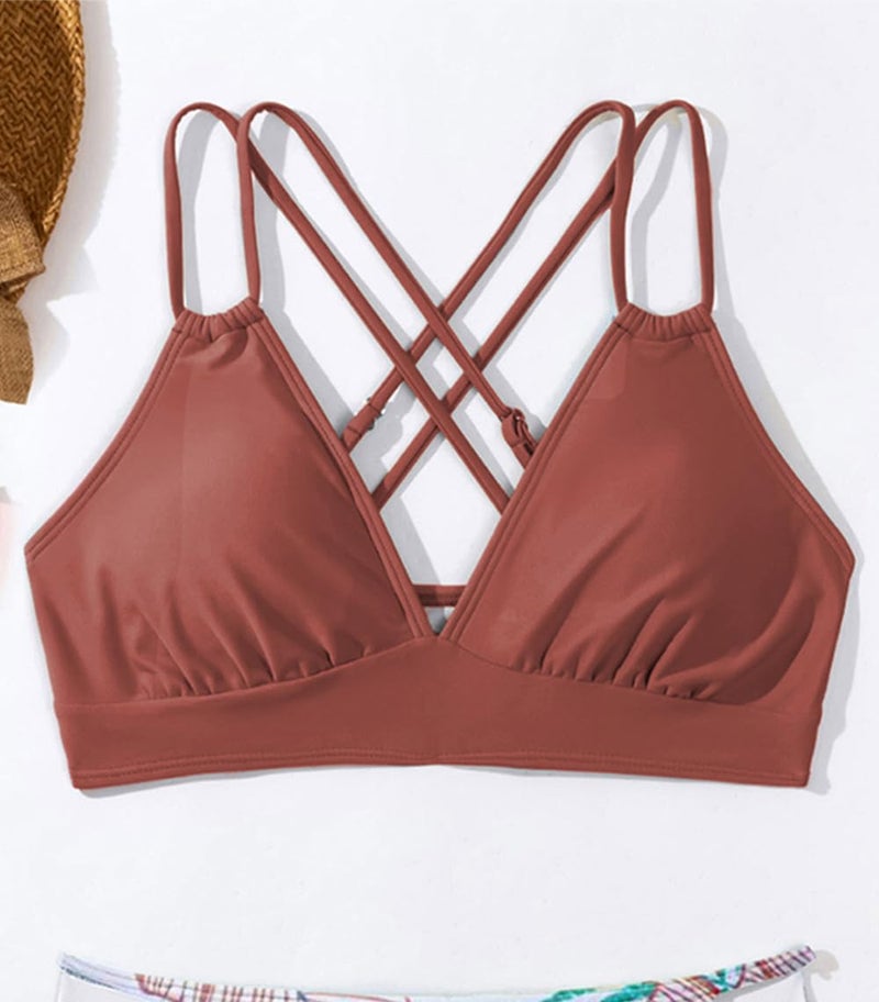 Tainehs Women's Push Up V Neck Bikini Tops Criss Cross Back Padded Bathing Suit Top Only Brick Red - Image 3