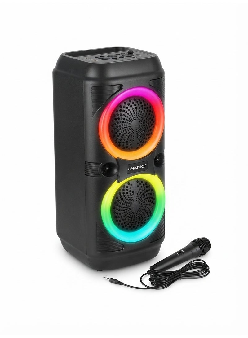 GREATNICE GTS-2131 Portable Wireless Bluetooth Speaker with Dual 4 Inch Drivers, RGB Party Lights, Wired Karaoke Microphone and Big Sound, Black - Image 1