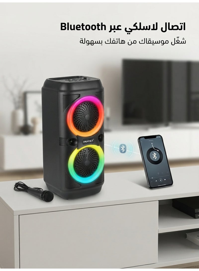 GREATNICE GTS-2131 Portable Wireless Bluetooth Speaker with Dual 4 Inch Drivers, RGB Party Lights, Wired Karaoke Microphone and Big Sound, Black - Image 5