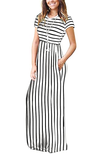 DEARCASE Long Dress for Women White Stripe X-Large Crewneck Short Sleeves Wedding Guest A-line Casual Loose Party Vintage Spring Summer Beach Maxi Dresses with Pockets - Image 2