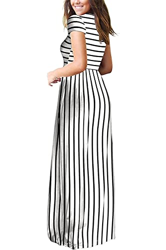 DEARCASE Long Dress for Women White Stripe X-Large Crewneck Short Sleeves Wedding Guest A-line Casual Loose Party Vintage Spring Summer Beach Maxi Dresses with Pockets - Image 3