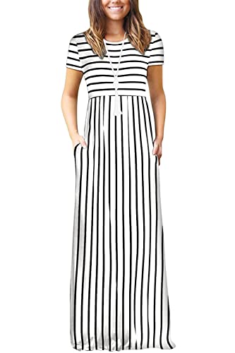 DEARCASE Long Dress for Women White Stripe X-Large Crewneck Short Sleeves Wedding Guest A-line Casual Loose Party Vintage Spring Summer Beach Maxi Dresses with Pockets - Image 4