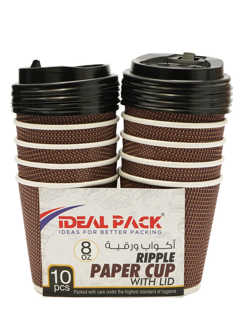 Ideal Pack Ripple Paper Cup with Lid, 8oz, Pack of 10pcs, Chocolate & Black - Image 1