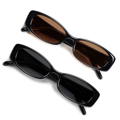 VANLINKER 2 Pack Trendy Small Polarized Rectangle Sunglasses for Women Men Retro 90s Shades Black Black - Image 1