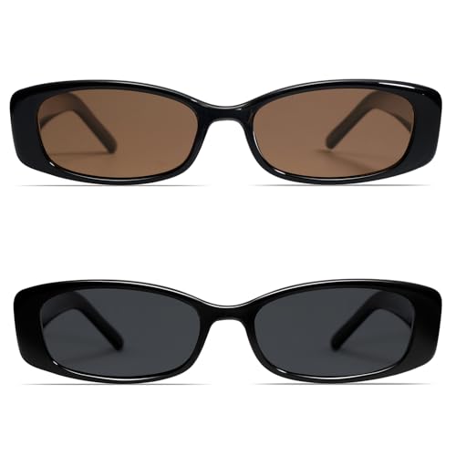 VANLINKER 2 Pack Trendy Small Polarized Rectangle Sunglasses for Women Men Retro 90s Shades Black Black - Image 2