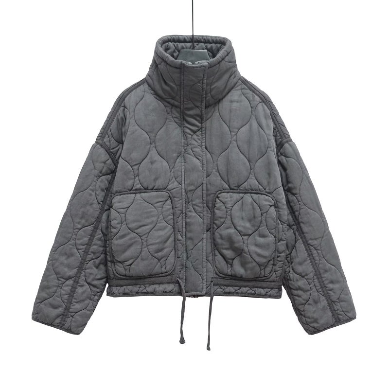 2024 Winter New European and American Cross-border Womens Urban Leisure Quilted Cotton Tencel Washed Collar Loose Cotton Coat 9622 gray quilted cotton clothing 