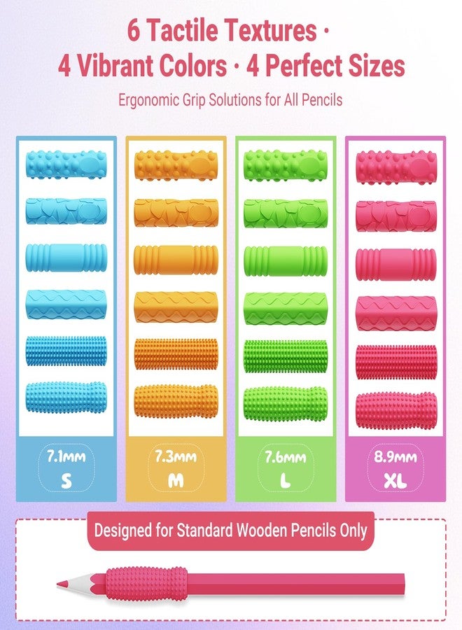 ddLUCK Sensory Textured Pencil Grips Fidget Toys, 24 Pack Four Sizes Silicone Pencil Grips for Kids Adults with Autism & ADHD Anxiety Relief, Quiet Handwriting Pencils Sleeve for Classroom School Office - Image 2