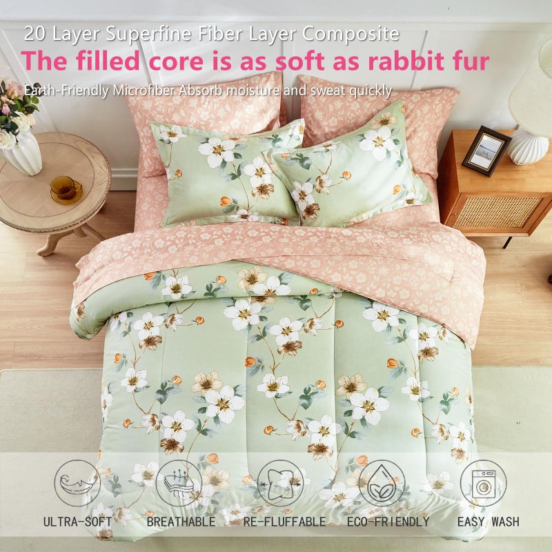 AIKASY 7 Piece Floral Comforter Set Queen Size - Soft Microfiber Bed in a Bag with Sheet Set for All Seasons - Green Flower Botanical Design - Reversible Bedding Set - Image 5