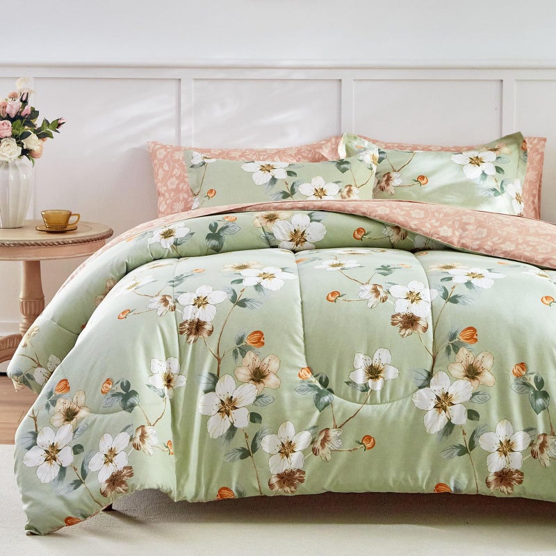 AIKASY 7 Piece Floral Comforter Set Queen Size - Soft Microfiber Bed in a Bag with Sheet Set for All Seasons - Green Flower Botanical Design - Reversible Bedding Set - Image 1