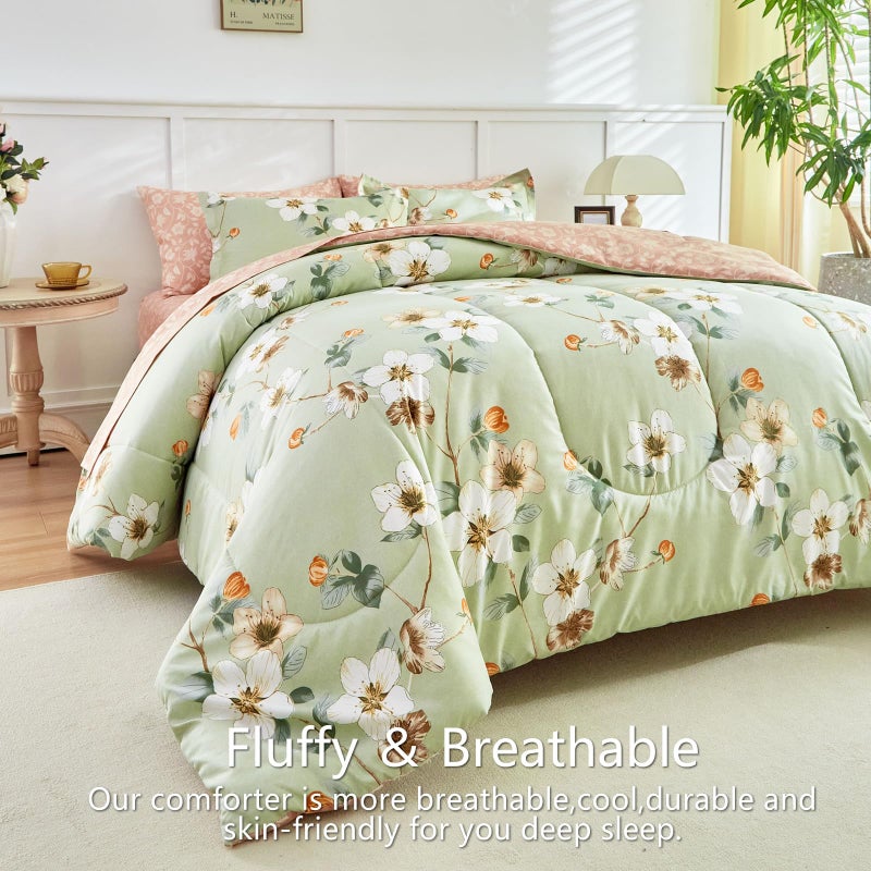 AIKASY 7 Piece Floral Comforter Set Queen Size - Soft Microfiber Bed in a Bag with Sheet Set for All Seasons - Green Flower Botanical Design - Reversible Bedding Set - Image 3