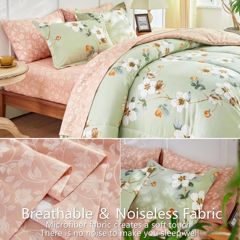 AIKASY 7 Piece Floral Comforter Set Queen Size - Soft Microfiber Bed in a Bag with Sheet Set for All Seasons - Green Flower Botanical Design - Reversible Bedding Set - Image 4