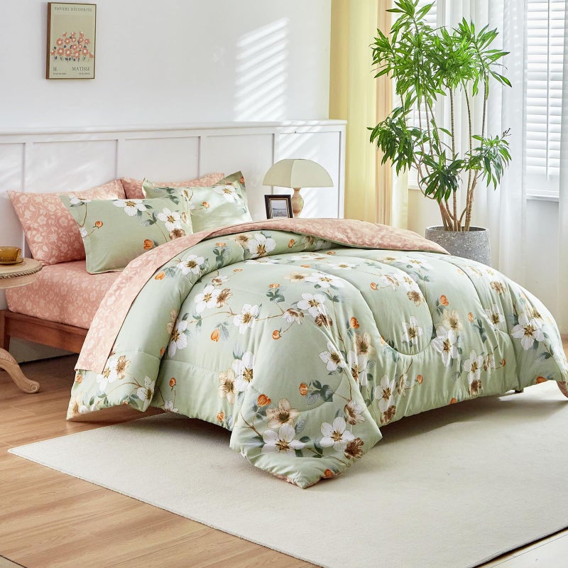 AIKASY 7 Piece Floral Comforter Set Queen Size - Soft Microfiber Bed in a Bag with Sheet Set for All Seasons - Green Flower Botanical Design - Reversible Bedding Set - Image 2