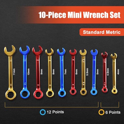 SPEEDWOX 10 Pcs Mini Combination Wrench Set Metric & SAE Color Plated Open and Box End Mini Wrenches Color Coated Midget Wrench Set with Portable Pouch and Large Ring（4-11mm(5/32-7/16"） - Image 3