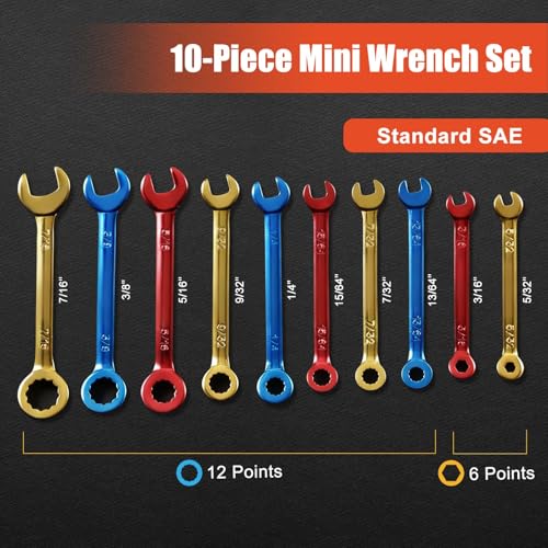 SPEEDWOX 10 Pcs Mini Combination Wrench Set Metric & SAE Color Plated Open and Box End Mini Wrenches Color Coated Midget Wrench Set with Portable Pouch and Large Ring（4-11mm(5/32-7/16"） - Image 2