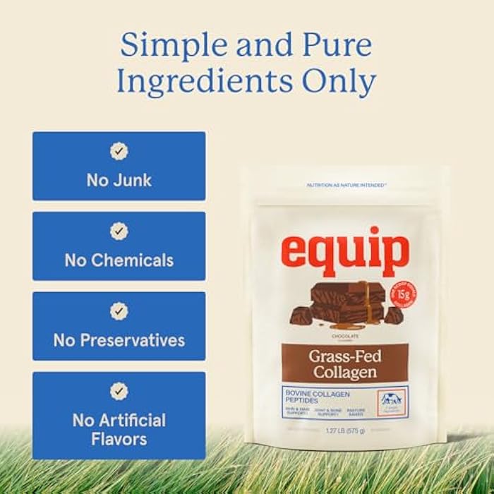 Equip Foods Grass Fed Collagen Powder | Hydrolyzed Bovine Collagen Peptides with Amino Acids | Prime Beef Collagen for Healthy Joints, Skin & Nails | Non-GMO, Paleo Friendly | 30 Servings, Chocolate - Image 5