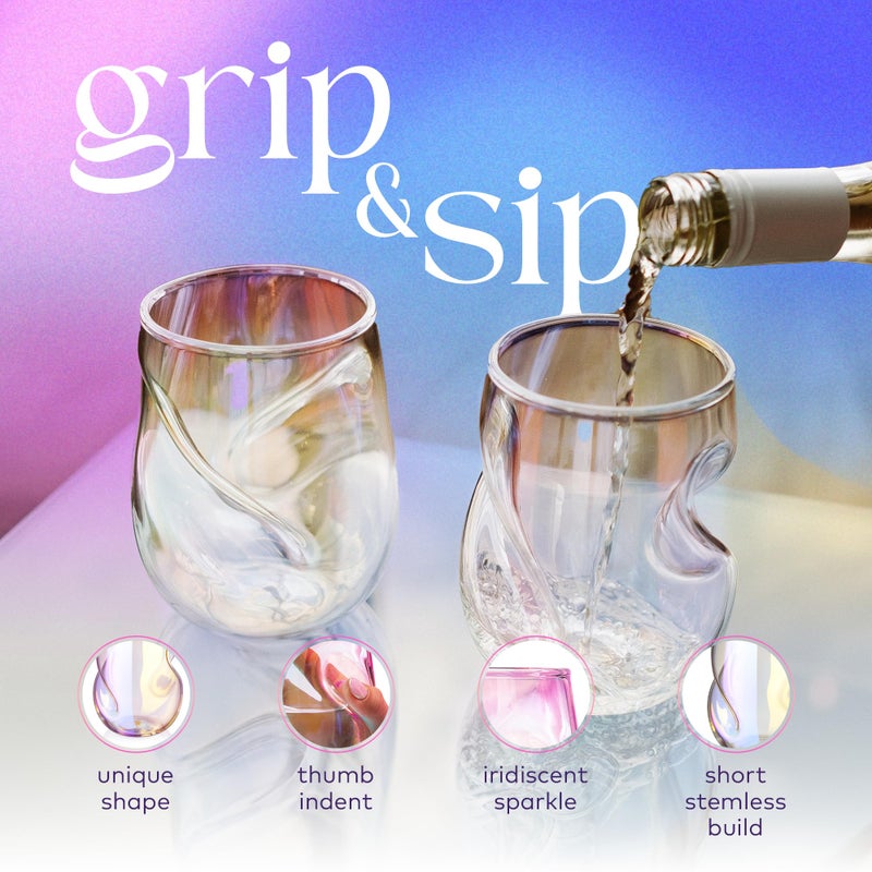 Dragon Glassware Stemless Wine Glasses - 16 oz Stemless Wine Glass Set with Finger Indentations - Set of 2 Iridescent Glassware - Aerates Naturally - Image 4