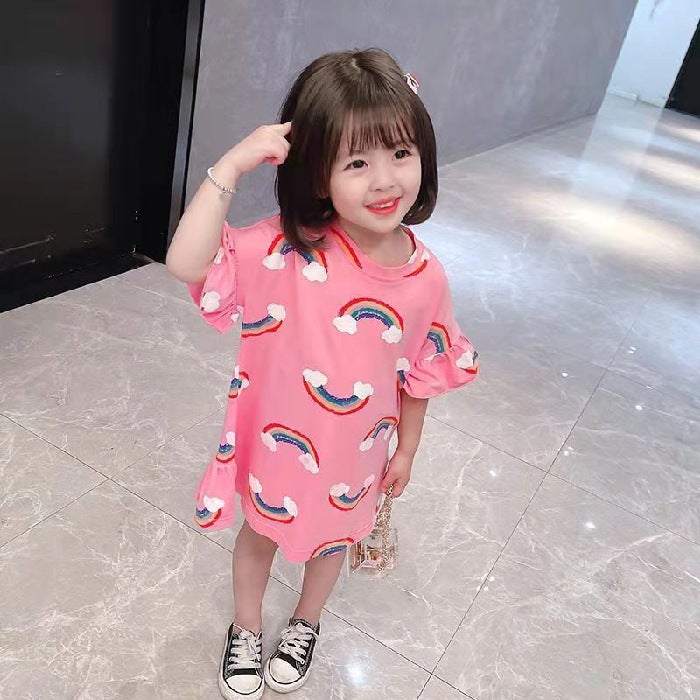 Girls T-Shirt Skirt 2021 Summer Baby Girls Skirt Cute Korean-style Rainbow T-shirt Mid-length Childrens Dress Pink 