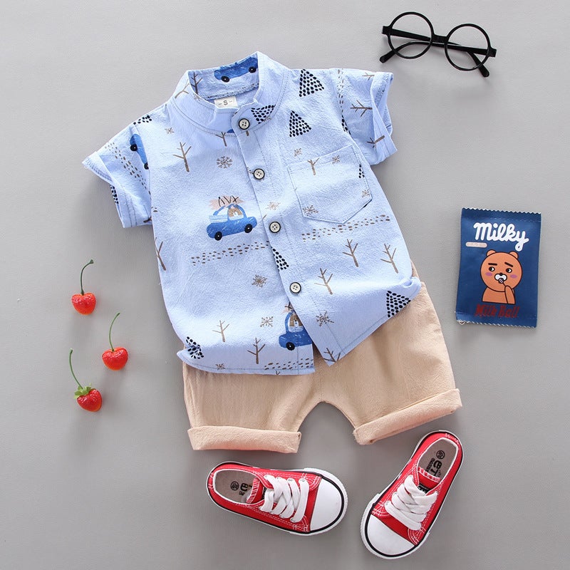 Summer Korean Thin Cartoon Kids Outfit Set Blue Car Bear 