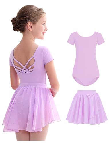 MdnMd Ballet Leotards for Girls Skirt Combo Dance Dresses for Toddler Ballerina Outfit Hollow Knot Back with Short Sleeve Lavender Purple 1012 Years - Image 1