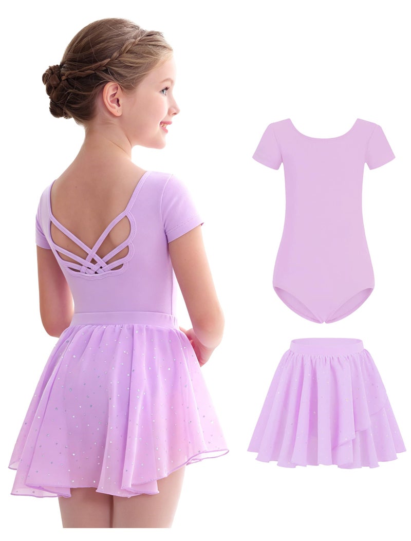 MdnMd Ballet Leotards for Girls Skirt Combo Dance Dresses for Toddler Ballerina Outfit Hollow Knot Back with Short Sleeve Lavender Purple 1012 Years - Image 2