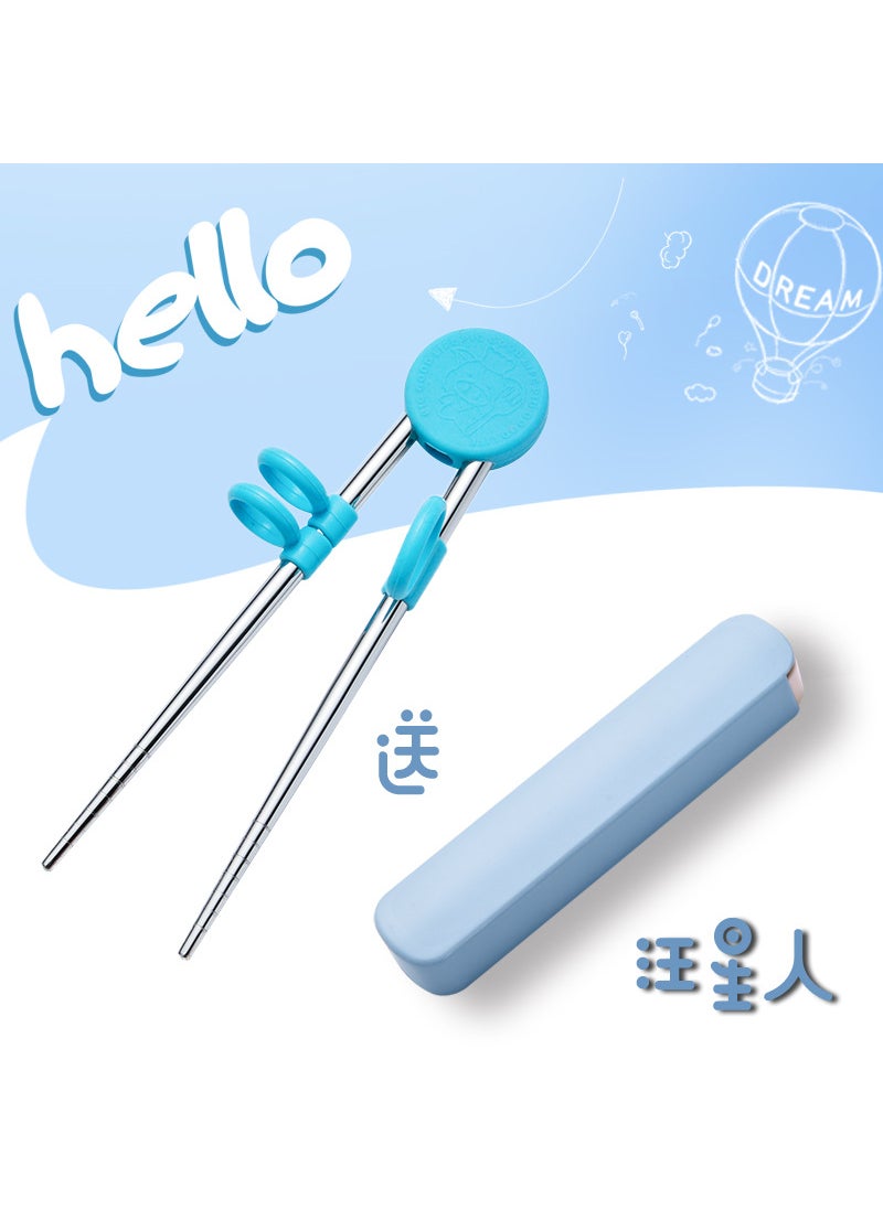 Generic - Silicone 304 Stainless Steel Childrens Learning Chopsticks Multi-level Practice Baby Training Tableware Correcting Usage RemovablePiggy Blue + Box Piggy Blue + Box - Image 1