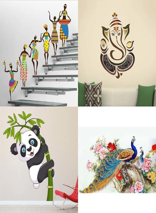 Merical Set of 4 Tribal Lady, Royal Ganesh, Royal Peacock, Baby Panda Wall Sticker | Decorative Vinyl Wall Decal for Living Room, Bedroom, Kids Room & Home Décor - Image 1
