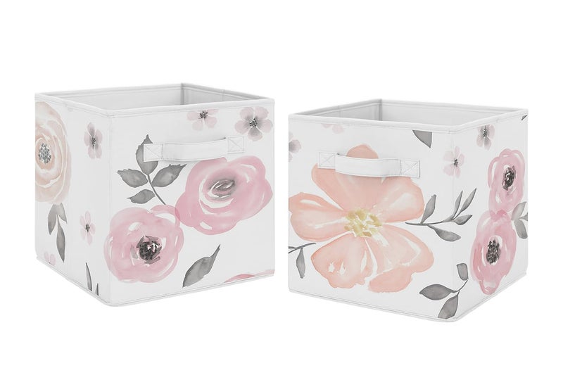 Sweet Jojo Designs Sweet Jojo Designs Set of 2 Collapsible Fabric Storage Cubes PinkGrey Boho Floral for Girls Baby Kids Childrens Foldable Bins Organizer Boxes Toys Watercolor Flower Elegant Rose Farmhouse