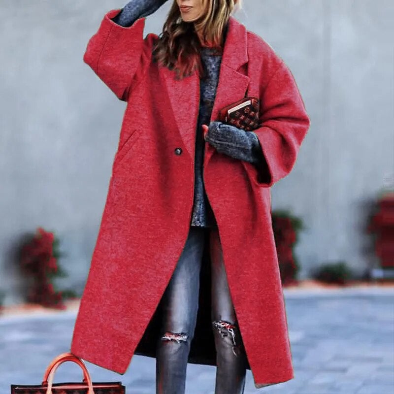 2025 New Autumn and Winter European and American Cross-Border Womens Clothing Amazon Casual Long Pure Color Warm Woolen Jacket Coat Red 