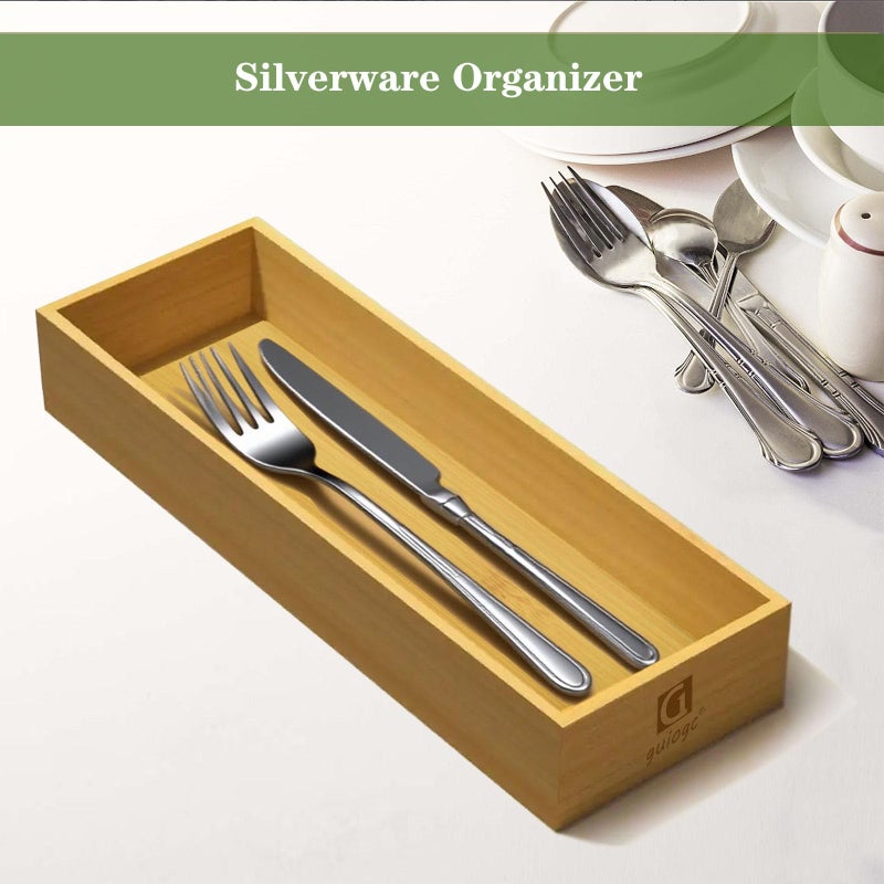 guiogc Bamboo Drawer Silverware Organizer, Utensil Organizer, Bamboo Storage Box Wood Silverware Tray for Drawer Set of 2 - Image 4