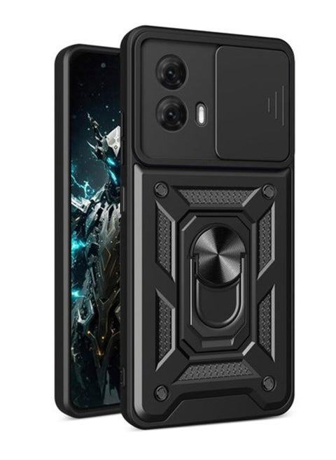Motorola G35 5G Case Cover, Slide Camera Lens Cover + 360°Rotating Kickstand Ring + Support Magnetic Car Mount Shockproof Mobile Phone Case For Motorola G35 5G, Black