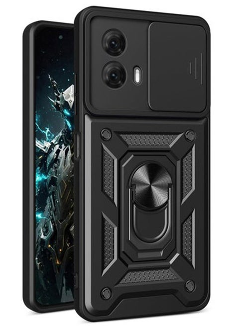 Motorola G35 5G Case Cover, Slide Camera Lens Cover + 360°Rotating Kickstand Ring + Support Magnetic Car Mount Shockproof Mobile Phone Case For Motorola G35 5G, Black