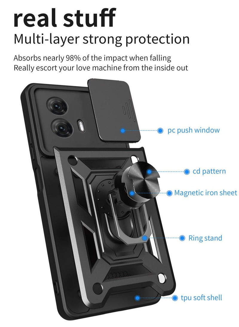 Generic - Motorola G35 5G Case Cover, Slide Camera Lens Cover + 360°Rotating Kickstand Ring + Support Magnetic Car Mount Shockproof Mobile Phone Case For Motorola G35 5G, Black - Image 1