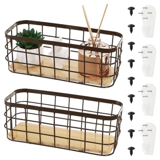 Dicunoy Set of 2 Small Wire Baskets, Narrow Rustic Storage Bin for Bathroom Counter, Farmhouse RectangleOrganizer Tray for Kitchen Countertop, Pantry, RV, School Classrooms, Office Decorative