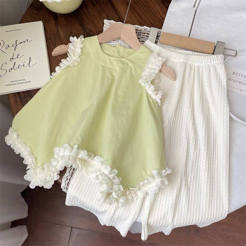 Girls Summer Outfit Set with Lace Top and Wide Leg Pants - Image 1
