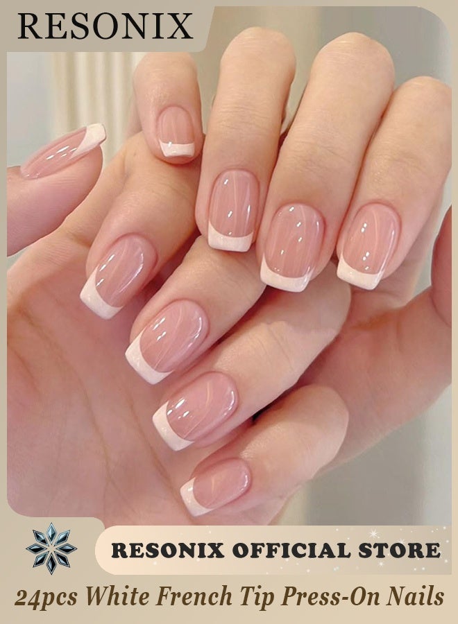 RESONIX 24PCS White French Tip Press-On Nails for Women – Medium Square Fake Nails with Jelly Glue, Glossy Full Coverage Reusable Stick-On Nails in 12 Sizes, Elegant Acrylic False Nails for Daily Wear, Weddings & Special Occasions - Image 1