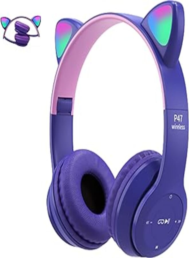 arVin Arvin kids headphones, with led glowing cat ears with microphone, pluggable, tf card, foldable bluetooth stereo over-ear kids headsets-blue, Wireless 