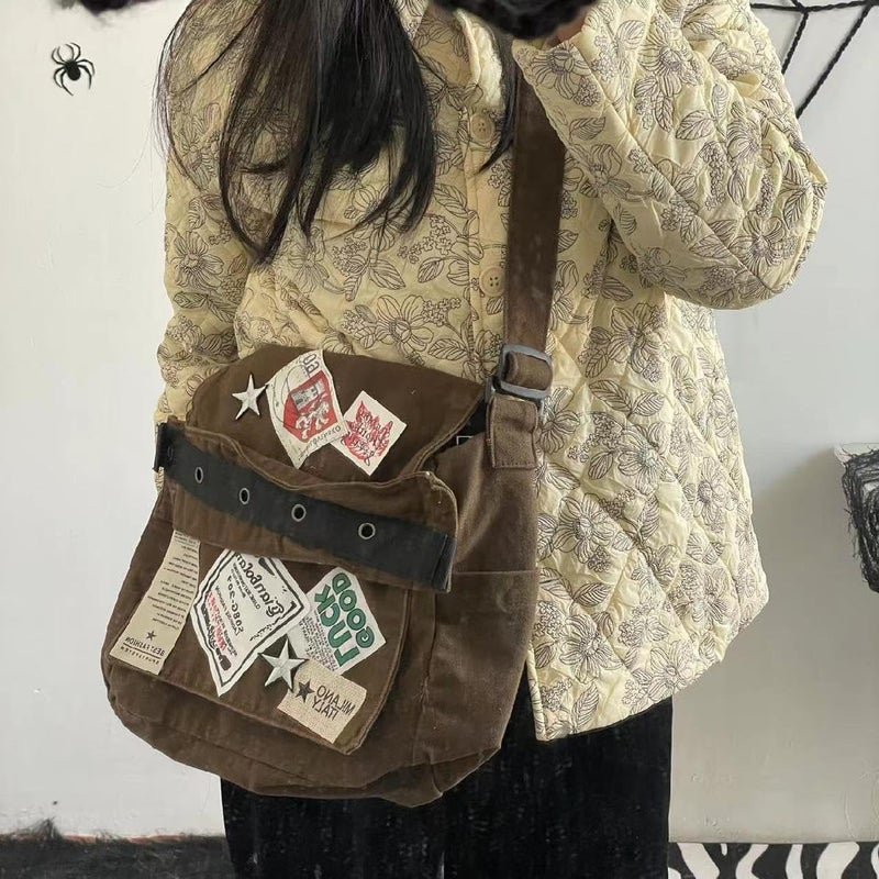 OATSBAS Canvas Messenger Bag for Women Vintage Crossbody Bag Star Patch Grunge Shoulder Bag (Brown) - Image 2