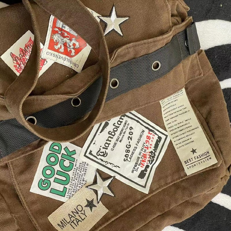 OATSBAS Canvas Messenger Bag for Women Vintage Crossbody Bag Star Patch Grunge Shoulder Bag (Brown) - Image 4