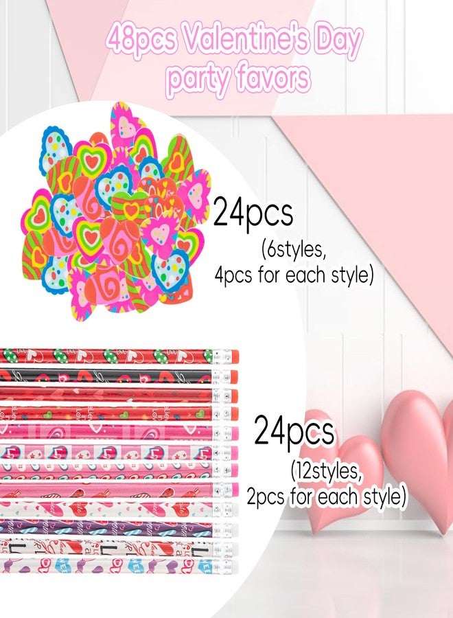 Jocomoni Valentine's Day Pencil Sets (48pcs) - Assorted Pattern Pencils with Heart Erasers - Valentine's Day Stationery - Party Favor & Classroom Reward - Image 2