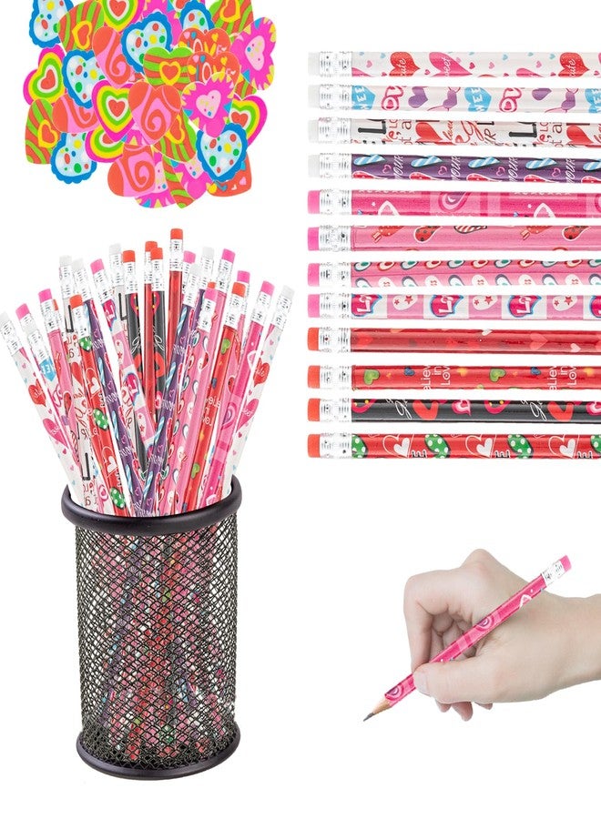 Jocomoni Valentine's Day Pencil Sets (48pcs) - Assorted Pattern Pencils with Heart Erasers - Valentine's Day Stationery - Party Favor & Classroom Reward - Image 1