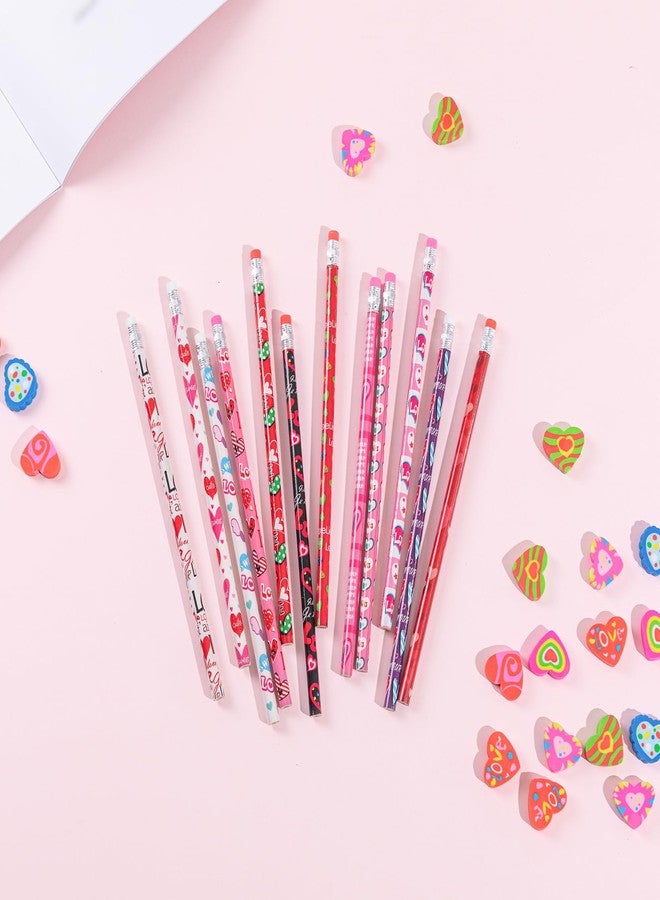 Jocomoni Valentine's Day Pencil Sets (48pcs) - Assorted Pattern Pencils with Heart Erasers - Valentine's Day Stationery - Party Favor & Classroom Reward - Image 5