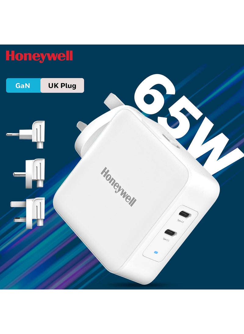 Honeywell Gan 65W Ultrafast Laptop Charger Dual Usbc For Laptop Dell Hp Macbook Oneplus Ipad Iphone 16/15/14/13/12/11 Google Pixel And Samsung Galaxy 3 Yrs Manufacturer Warranty White White - Image 1