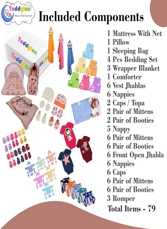 Toddylon 79 in 1 New Born Baby Products All Complete Daily Essentials Combo for Baby Boys & Baby Girls | Gift Packs | Bedding & Clothing | Hospital Kit | Baby Shower (0-6 Months) Brown - Image 3
