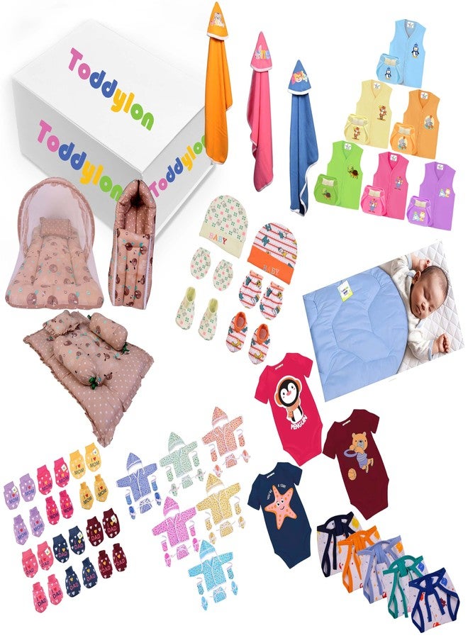 Toddylon 79 in 1 New Born Baby Products All Complete Daily Essentials Combo for Baby Boys & Baby Girls | Gift Packs | Bedding & Clothing | Hospital Kit | Baby Shower (0-6 Months) Brown - Image 1