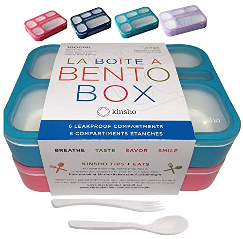 Bento Lunch Box Kids  Adult Leakproof Containers for Boys  Girls with 6 Compartments  School Daycare Meal Planning Portion Control Container BPAFree Boxes Utensils Blue  Pink Set