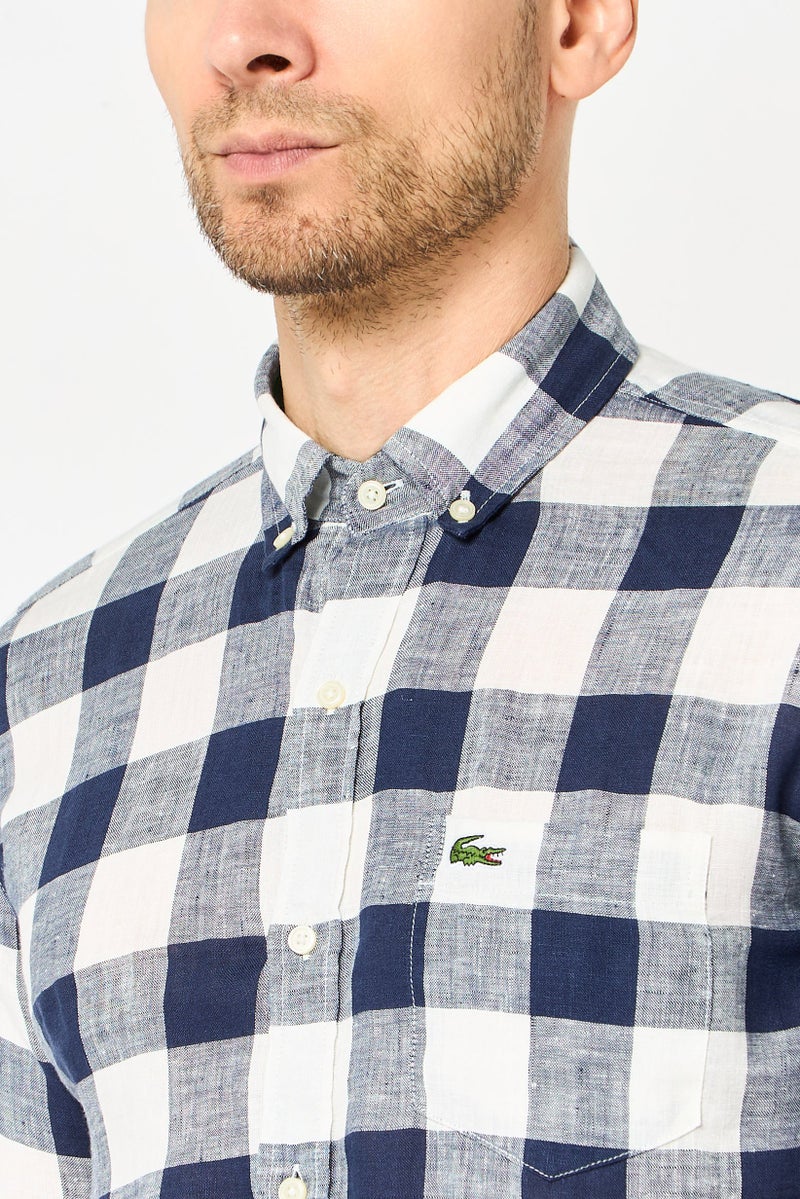 LACOSTE Men Regular Fit Plaid Short Sleeve Casual Shirt, Multicolor - Image 3