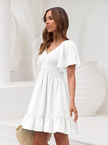 LILLUSORY Women's Flowy Casual Mini Dresses 2025 Summer Graduation Smocked V Neck Vacation Dress Dress with Pockets White L - Image 5