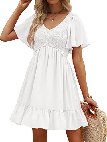 LILLUSORY Women's Flowy Casual Mini Dresses 2025 Summer Graduation Smocked V Neck Vacation Dress Dress with Pockets White L - Image 1