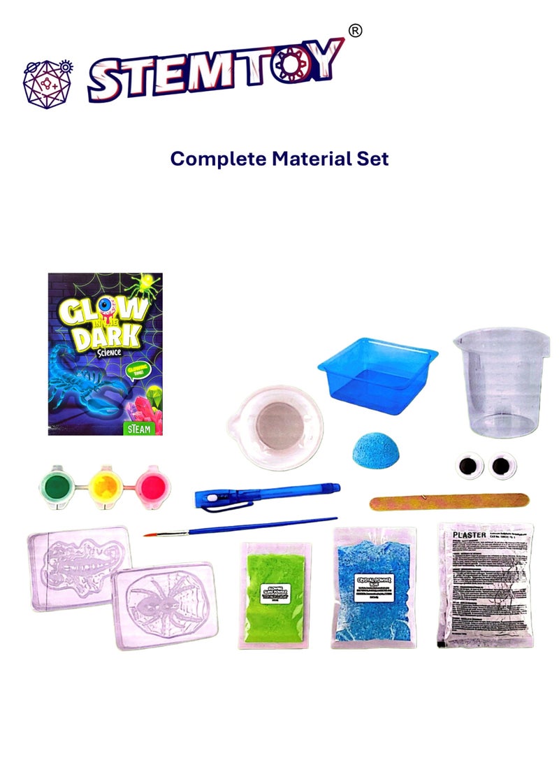 مجموعة تجارب العلوم المتوهجة في الظلام للأطفال – 3 تجارب ممتعة، تعلم العلوم وراء التألق، نمو بلورات متوهجة ليلية، صناعة عناكب وعقارب سلايم متوهجة في الظلام، ضوء UV مرفق، أنشطة STEM/STEAM تفاعلية للأطفال من الأولاد والبنات - Image 2